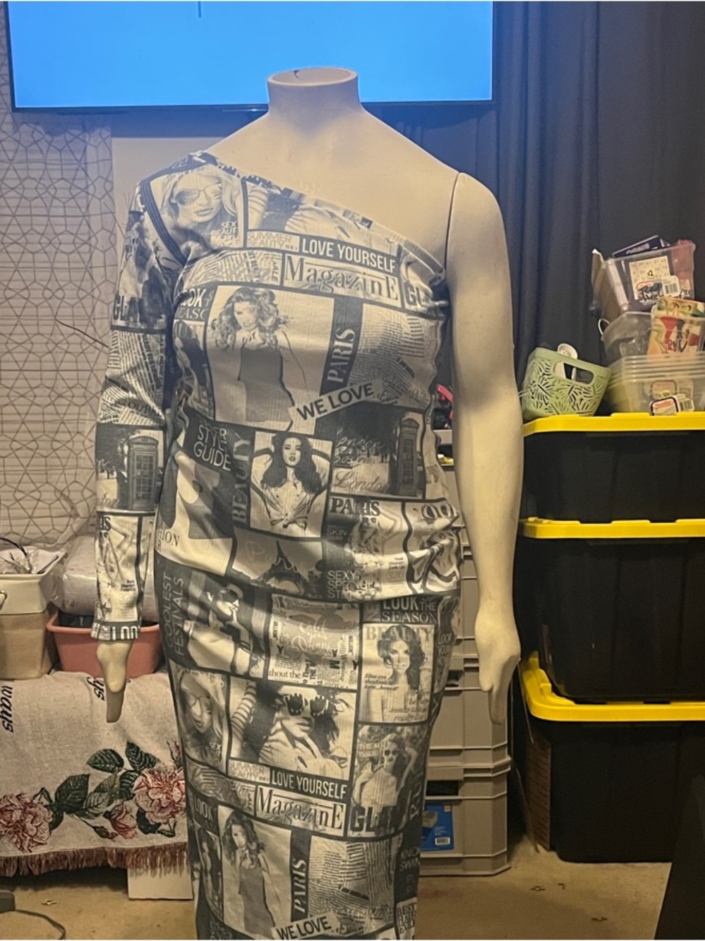 Fashion Nova Black & White Plus Size One-Shoulder Newspaper Print Midi Dress